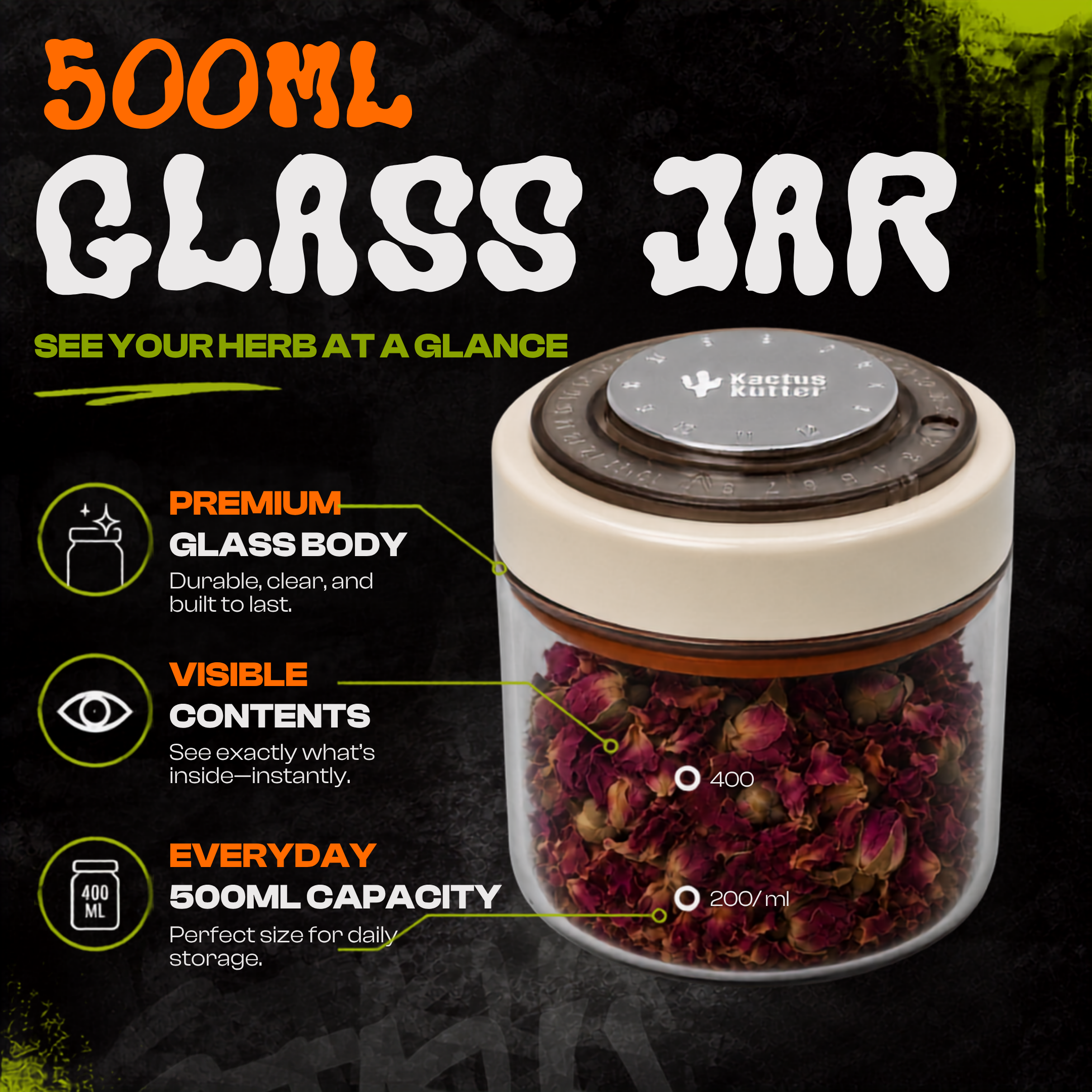 KactusKutter Vacuum Sealed Jar 500ml Airtight Containers with Date Tracker, Smell Proof Storage For Herb