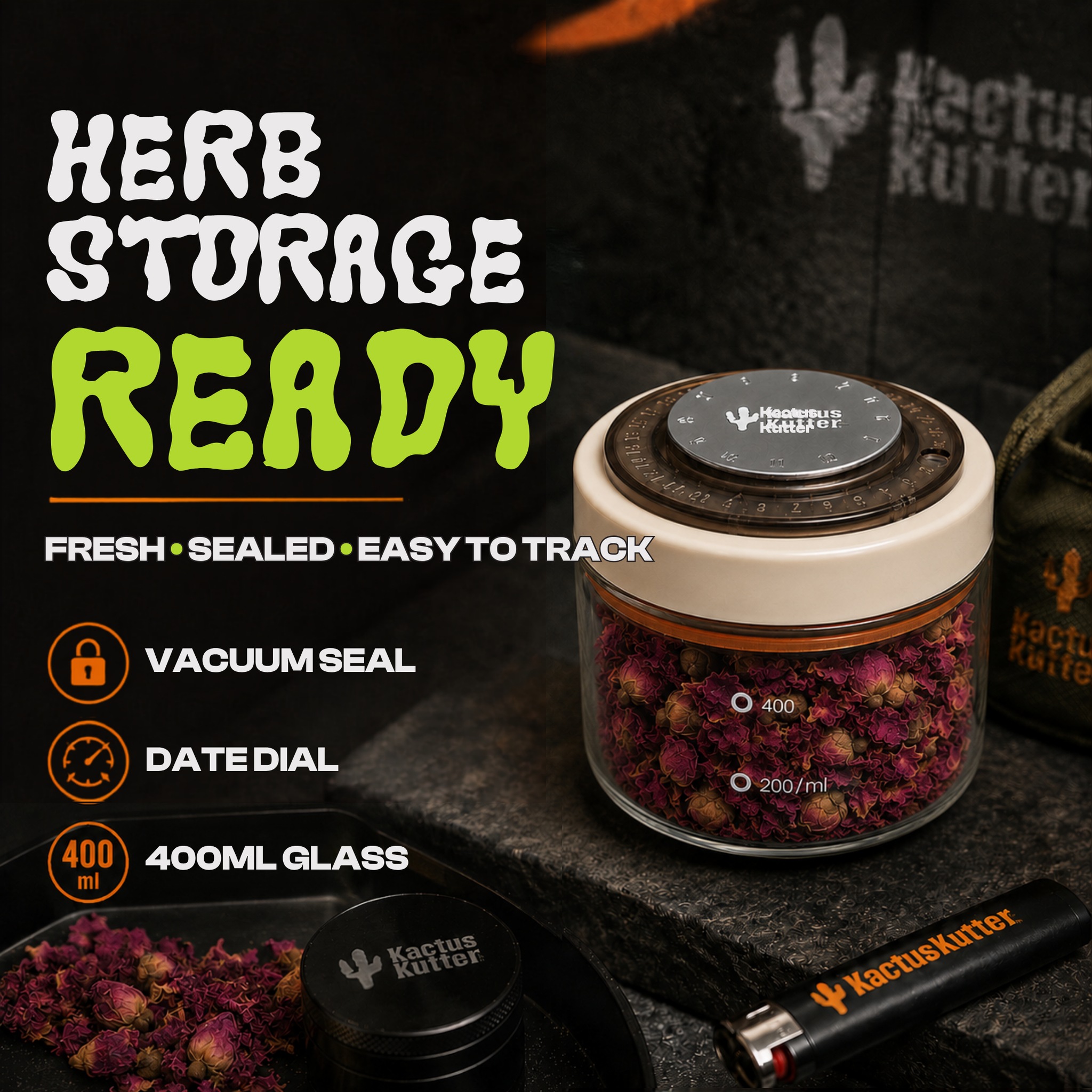 KactusKutter Vacuum Sealed Jar 500ml Airtight Containers with Date Tracker, Smell Proof Storage For Herb