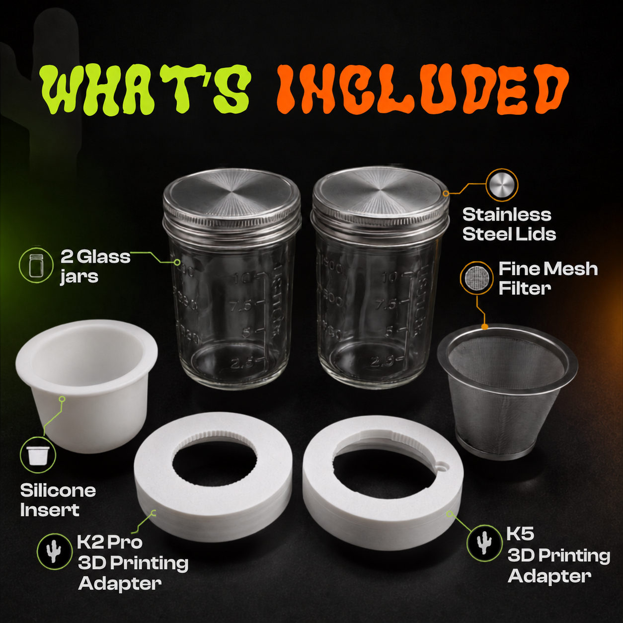 KactusKutter 16oz Mason Jar Kit 2Pack With Kief Catcher & 3D Printing PETG Adapter Compatible with K5/K2 Pro