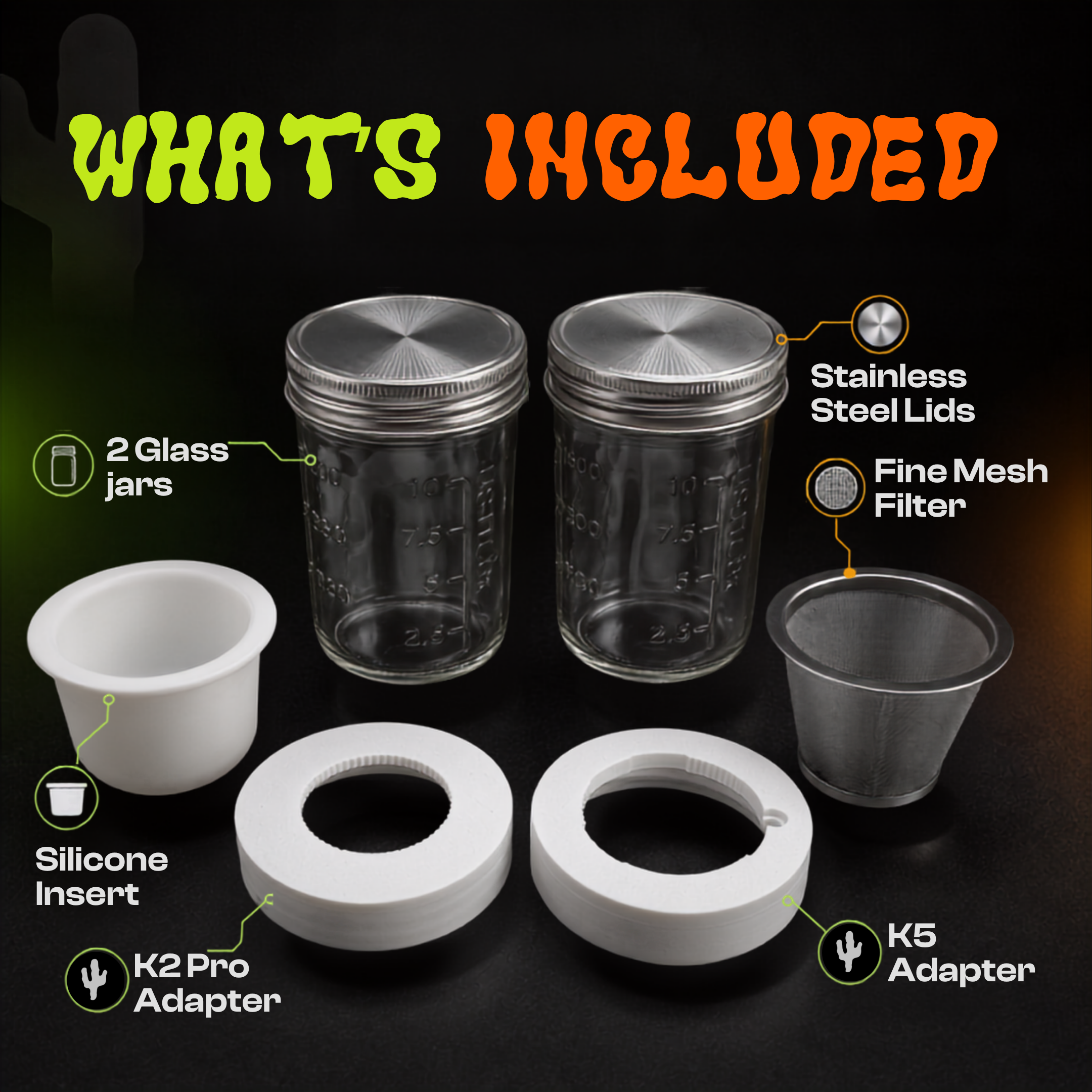KactusKutter 16oz Mason Jar Kit 2Pack With Kief Catcher & Compatible with K5/K2 Pro