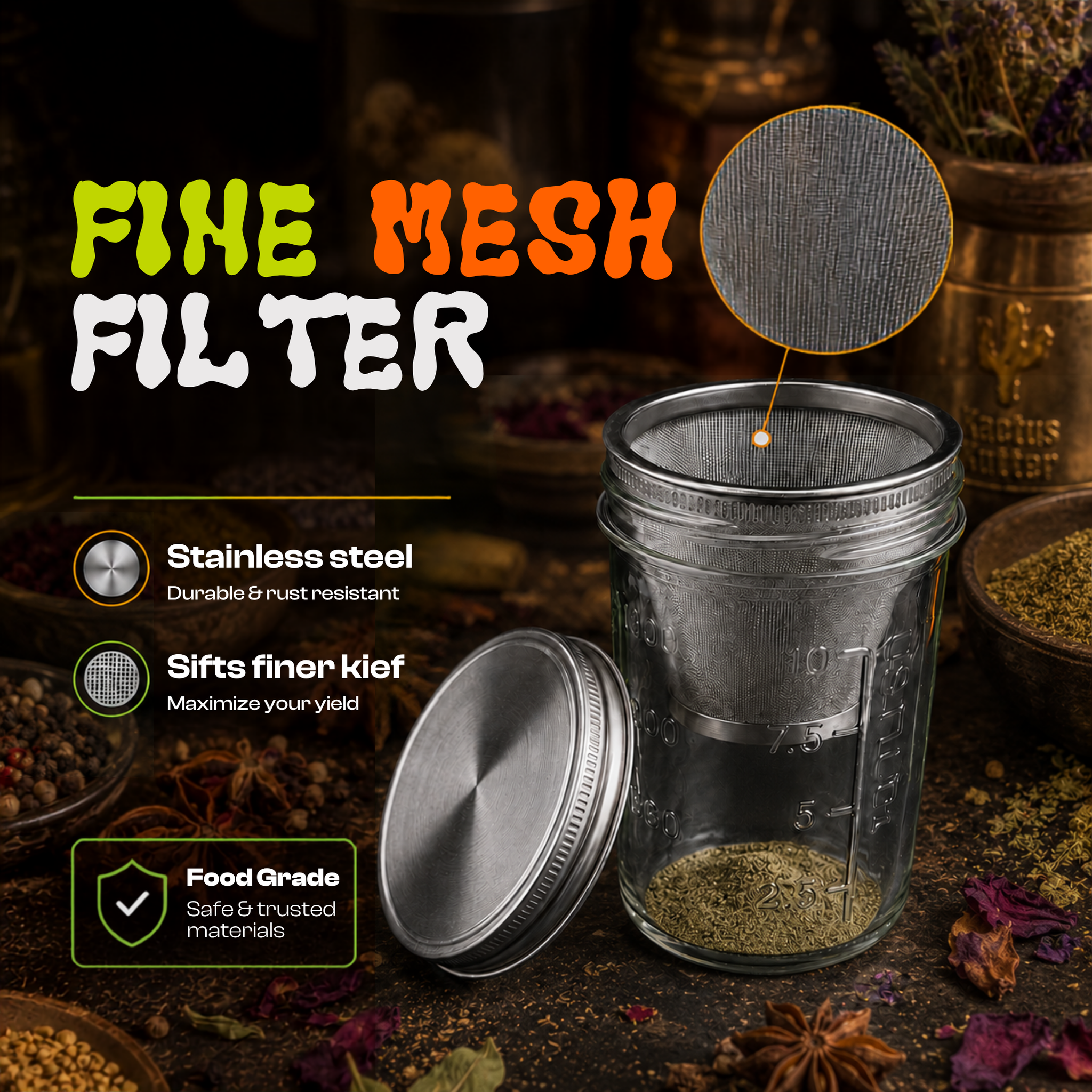 KactusKutter 16oz Mason Jar Kit 2Pack With Kief Catcher & Compatible with K5/K2 Pro