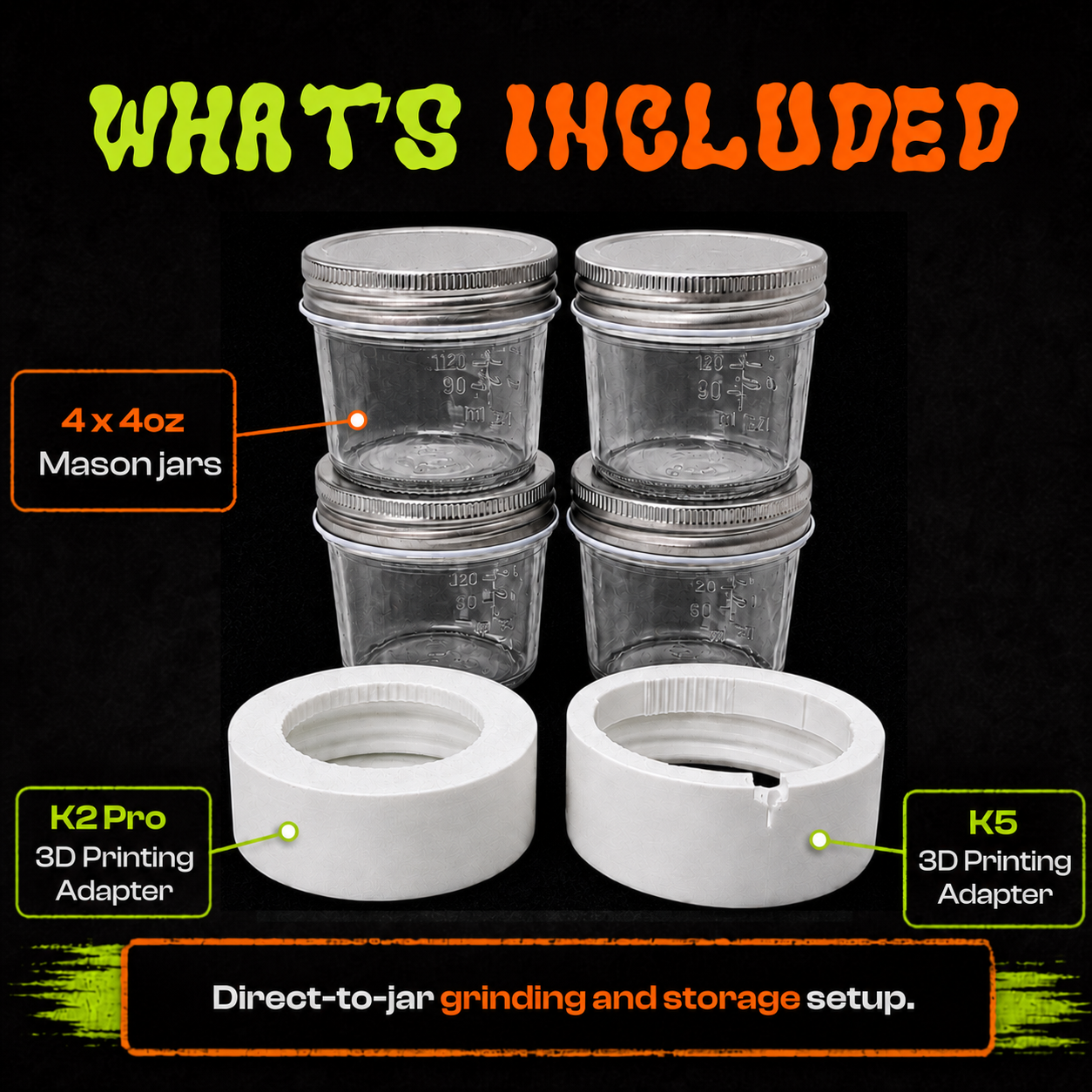 KactusKutter 4oz Mason Jar Kit 4Pack With 3D Printing PETG Adapter Compatible with K5/K2 Pro